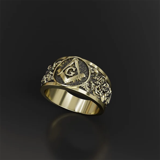 Anillo de sello masónico de plata de ley con baño de oro amarillo para hombre