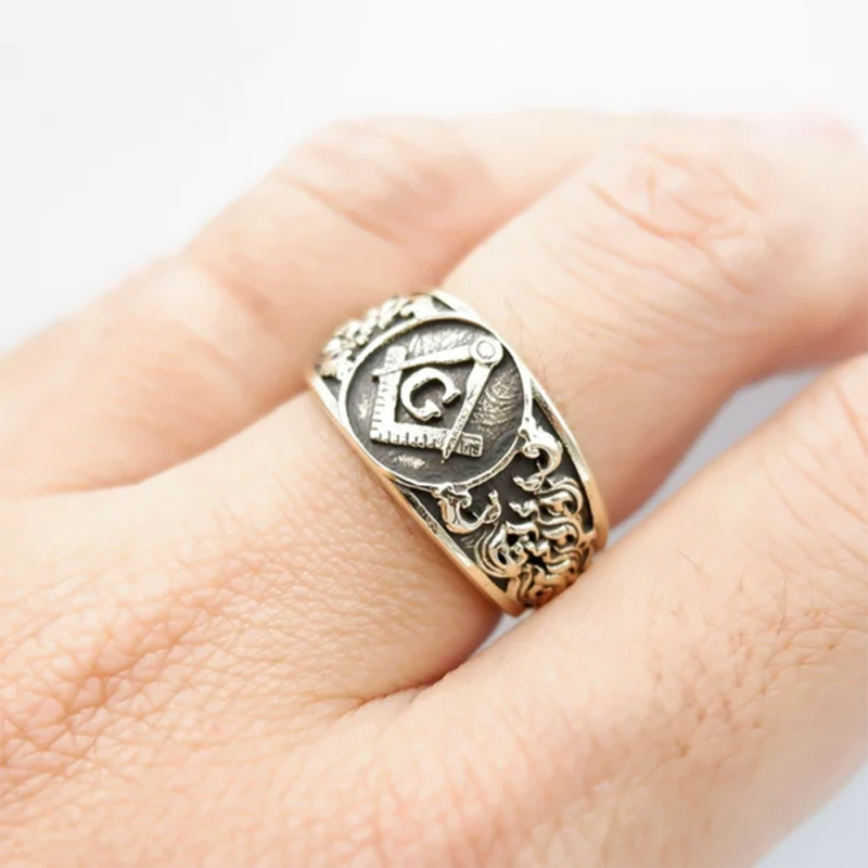 Sterling Silver with Yellow Gold Plated Freemason Signet Ring for Men-2