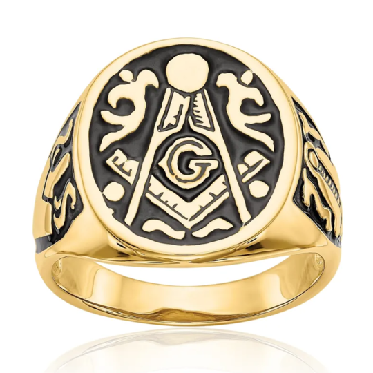 Anillo de sello masónico de plata de ley con baño de oro amarillo para hombre