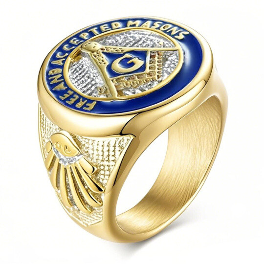 Anillo de sello masónico de plata de ley con baño de oro amarillo para hombre
