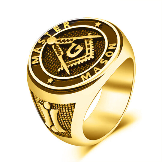 Anillo de sello masónico de plata de ley con baño de oro amarillo para hombre