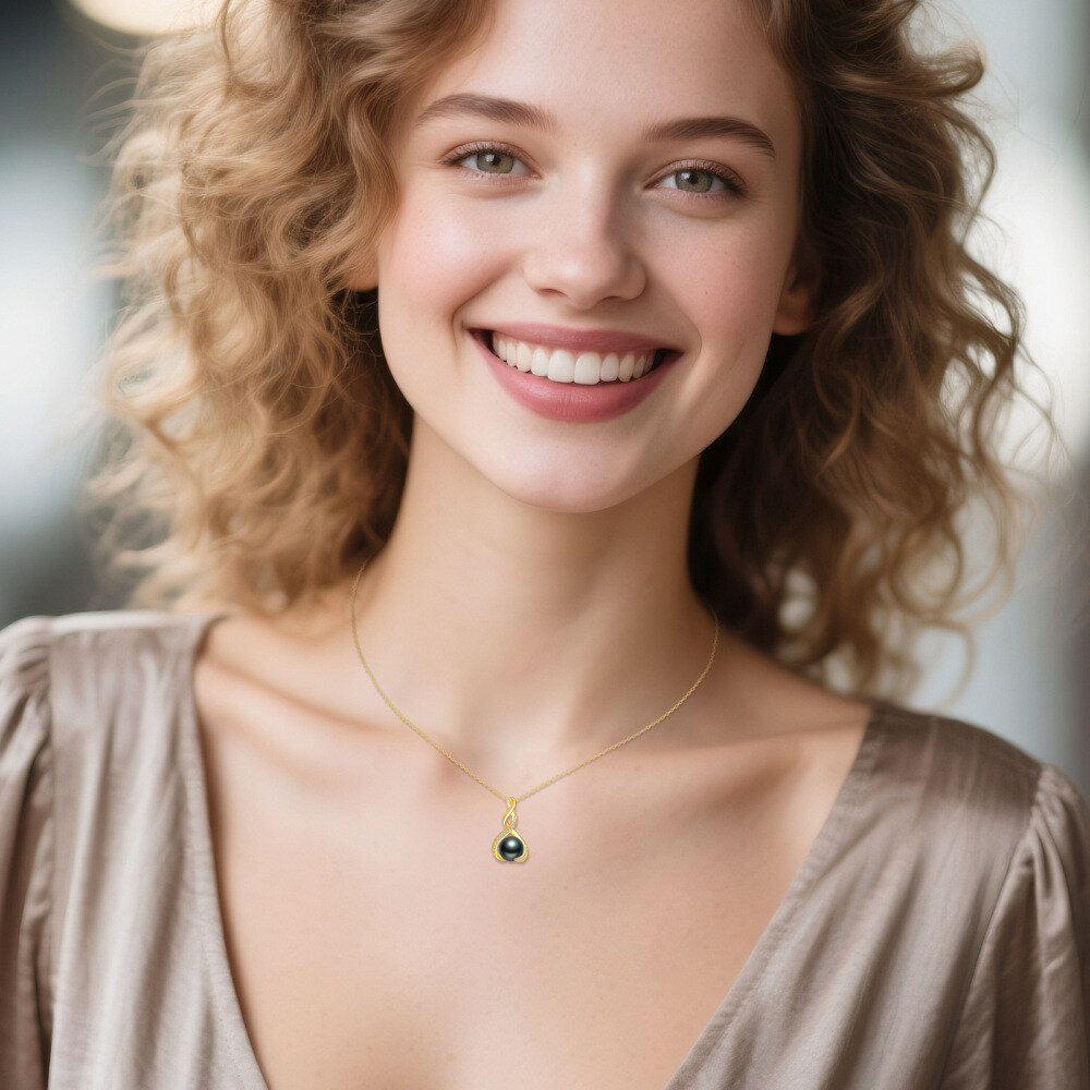 10K Gold Freshwater Cultured Pearl Black Infinity Pendant Necklace-2