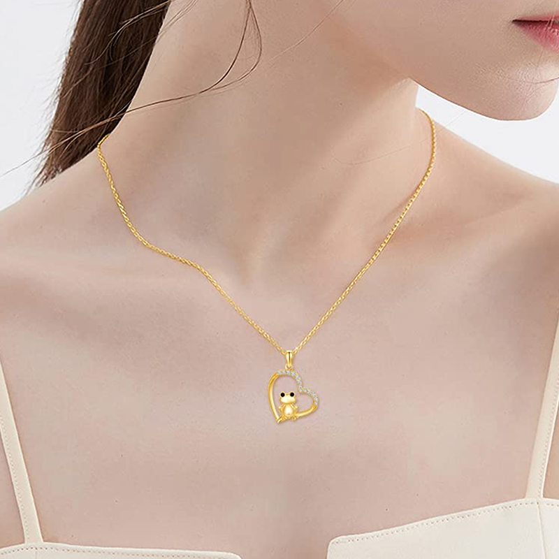 10K Gold Cubic Zirconia Frog & Heart Pendant Necklace-2