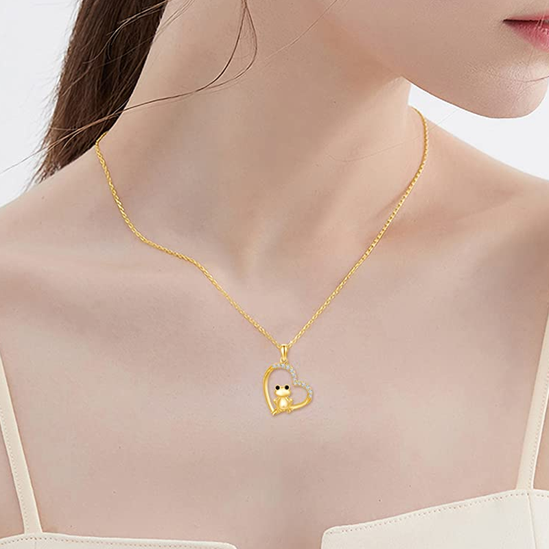 Halskette mit Frosch-Herz-Anhänger aus 14 Karat Gold mit Zirkonia-2