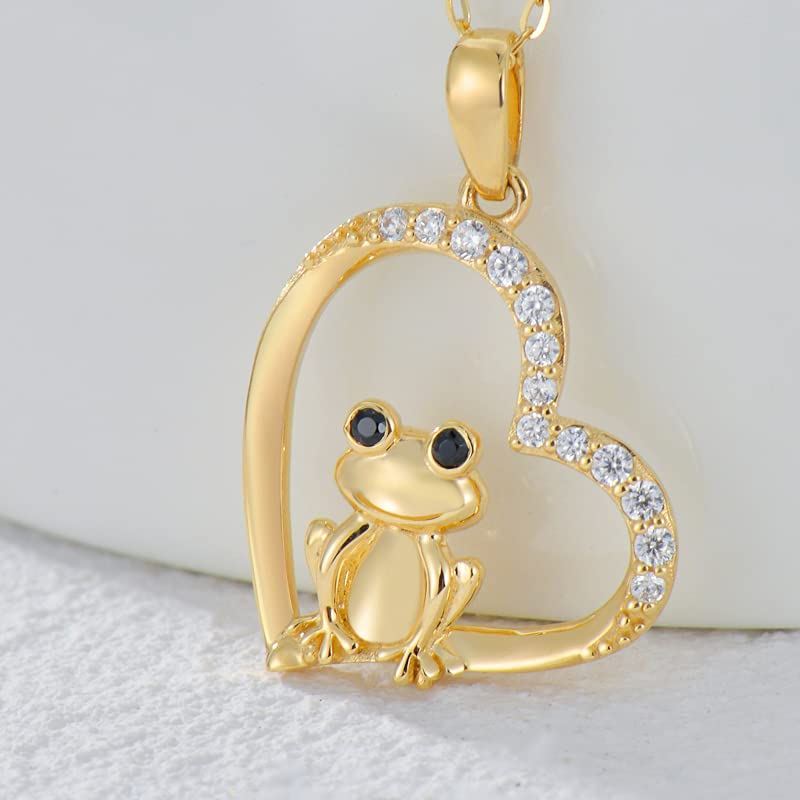 10K Gold Cubic Zirconia Frog & Heart Pendant Necklace-3