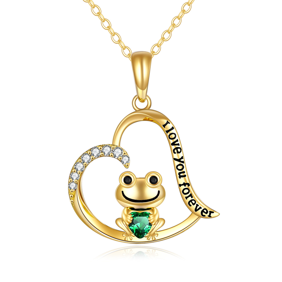 Collier en or 14K avec pendentif grenouille et coeur en zircon cubique-1