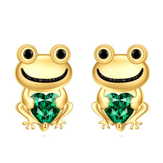 14K Gold Cubic Zirconia Frog Stud Earrings-1
