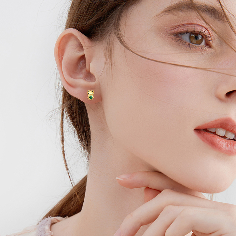 10K Gold Cubic Zirconia Frog Stud Earrings-2