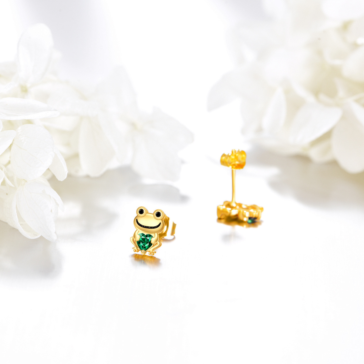 Aretes tipo rana con circonita cúbica en oro de 14 quilates-4