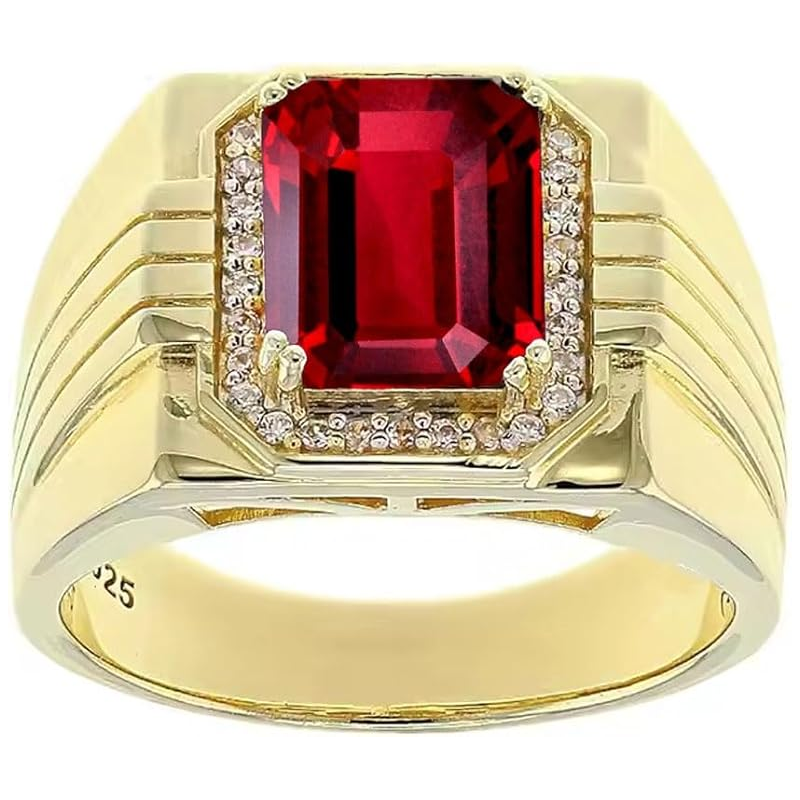 14K Gold Garnet with Diamonds Halo Emerald Cut Custom Engagement Ring for Men-1