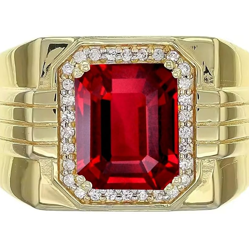 14K Gold Garnet with Diamonds Halo Emerald Cut Custom Engagement Ring for Men-2