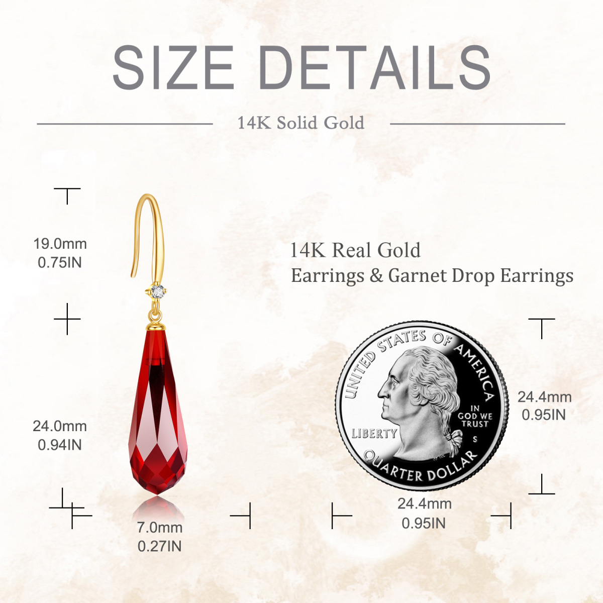 Pendientes colgantes de granate en oro de 14 quilates-6