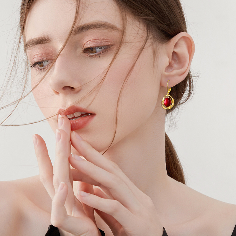 Sterling Silver with Yellow Gold Plated Garnet Lever-back Earrings-2