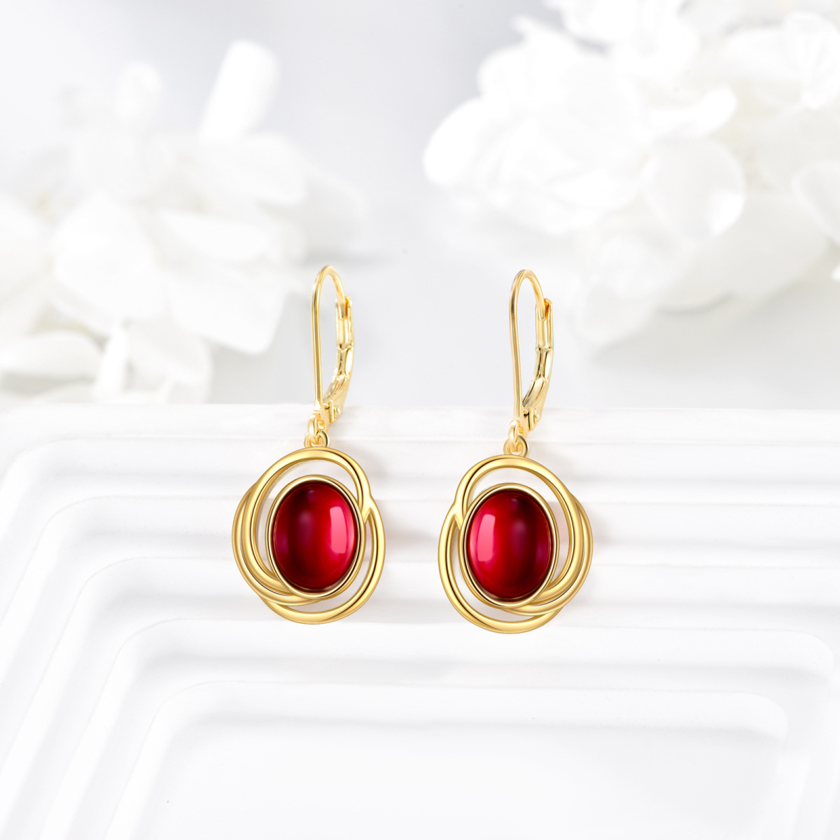 14K Gold Garnet Lever-back Earrings-3