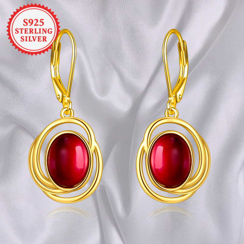 Sterling Silver with Yellow Gold Plated Garnet Lever-back Earrings-5