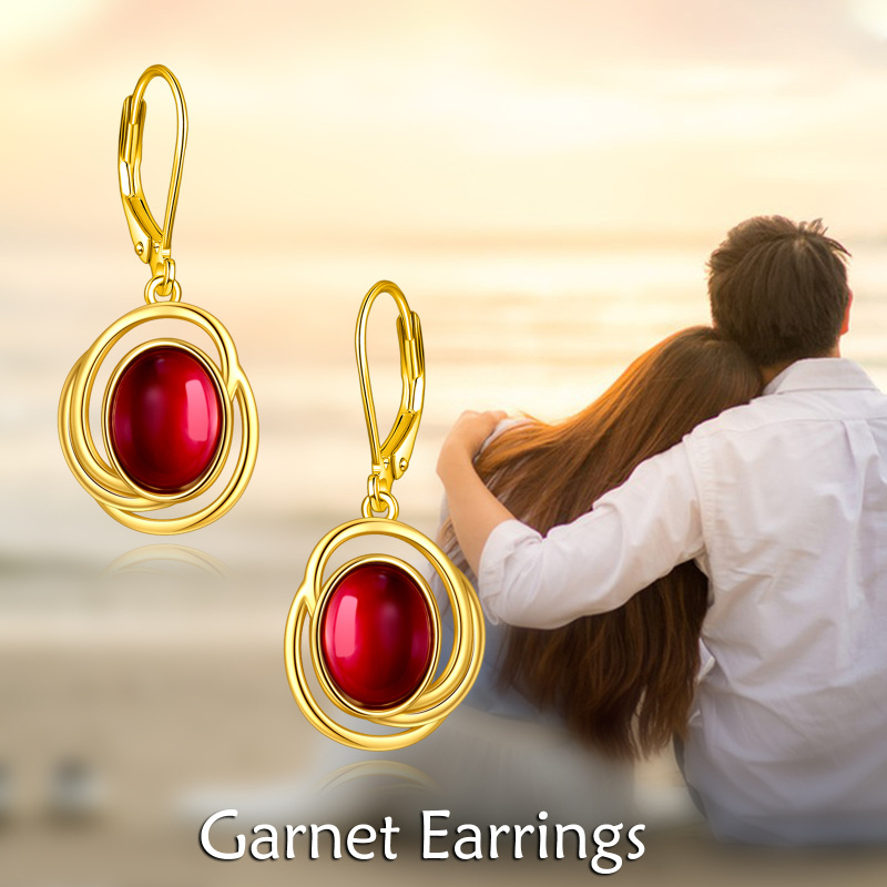 Sterling Silver with Yellow Gold Plated Garnet Lever-back Earrings-7