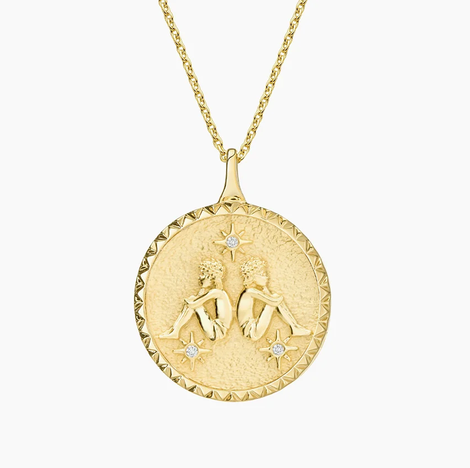 14K Gold Gemini Zodiac Sign Diamond Medallion Pendant Necklace-1