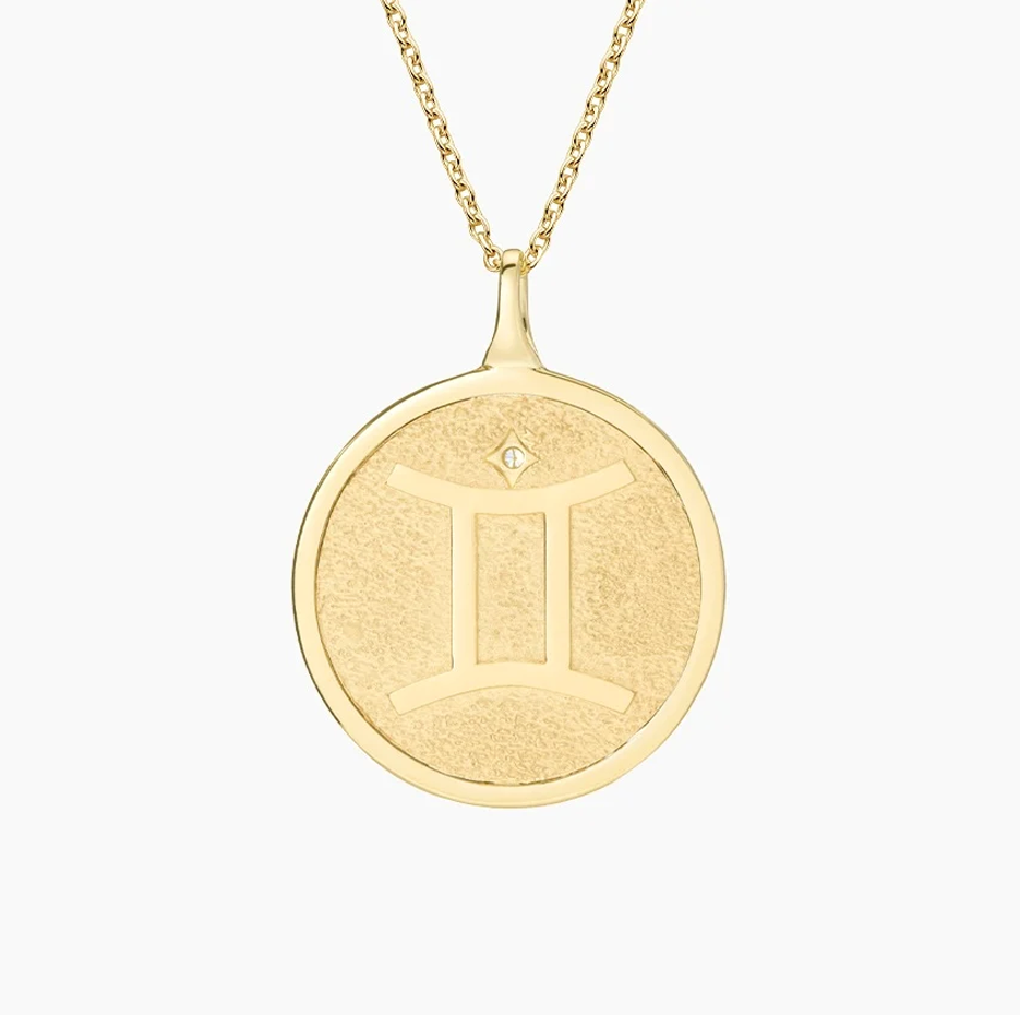 14K Gold Gemini Zodiac Sign Diamond Medallion Pendant Necklace-3