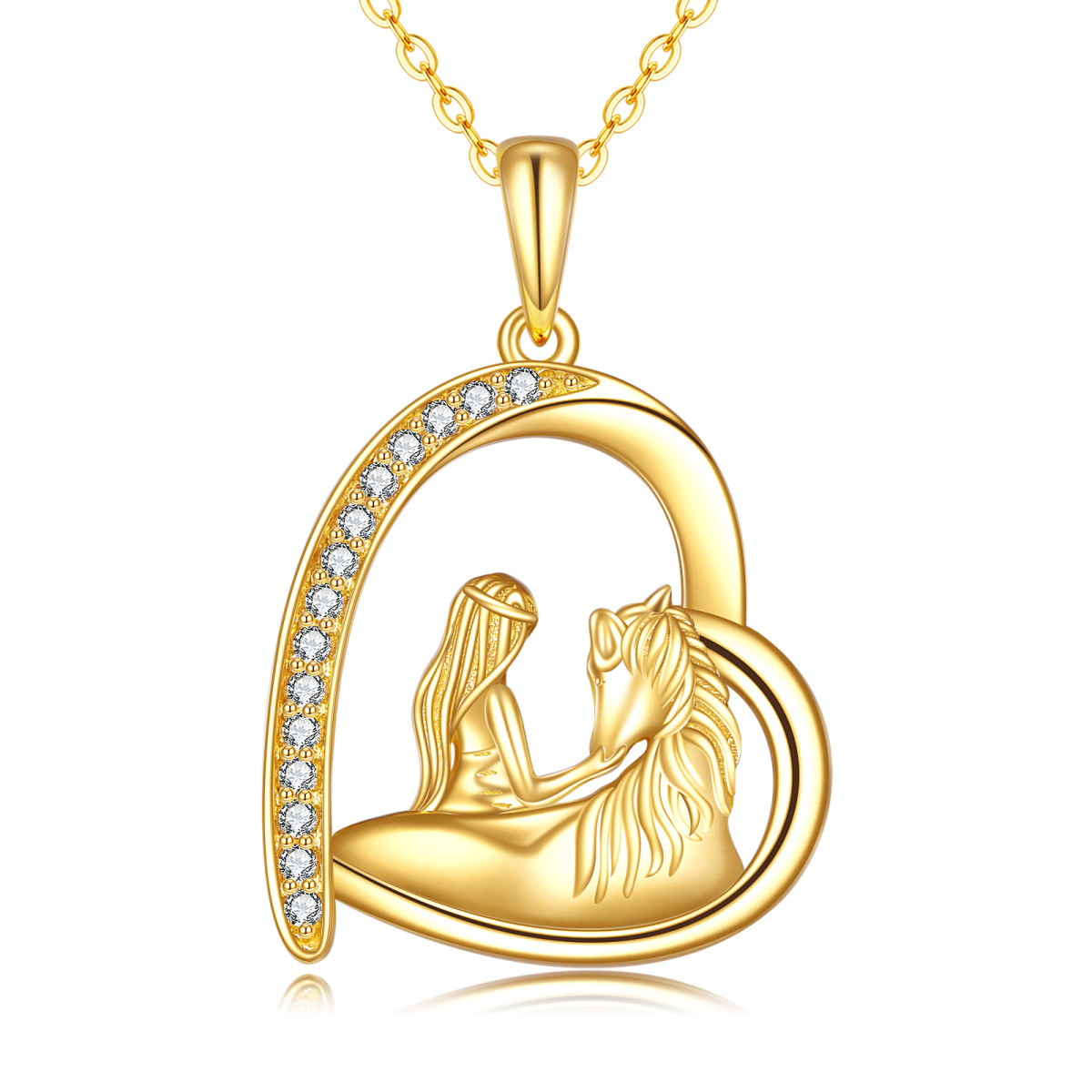 14K Oro Cúbico Zirconia Chica y Caballo Colgante Corazón Collar-1