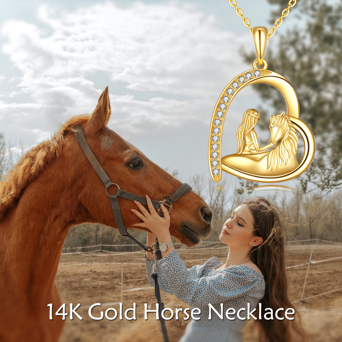 14K Oro Cúbico Zirconia Chica y Caballo Colgante Corazón Collar-5