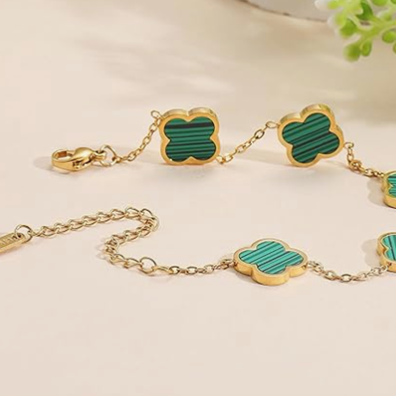 14K Gold Green Four Leaf Clover Bracelet for Women-3