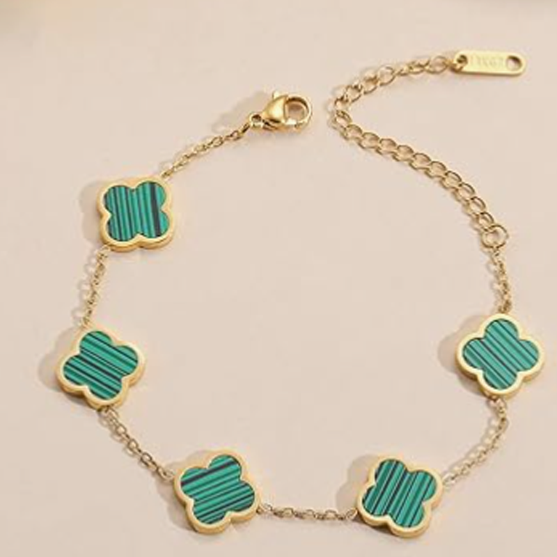 14K Gold Green Four Leaf Clover Bracelet for Women-4