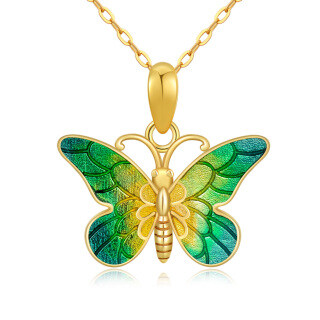 10K Gold Green Glazed Butterfly Pendant Necklace-50