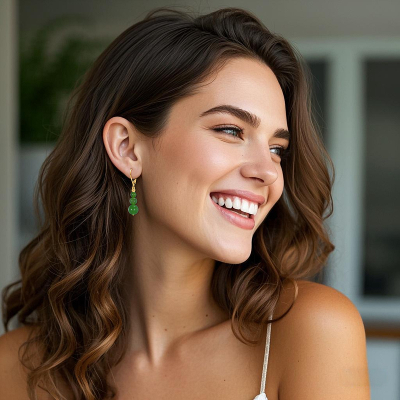 Pendientes colgantes de jade verde en oro de 14 quilates-2