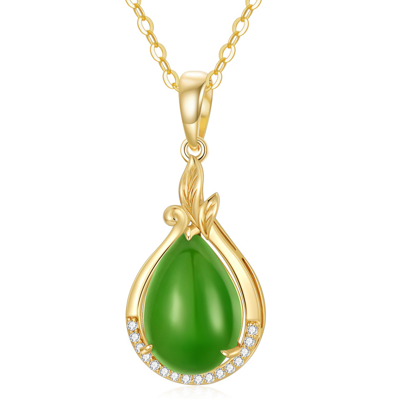 10K Gold Green Jade Drop Shape Pendant Necklace-19