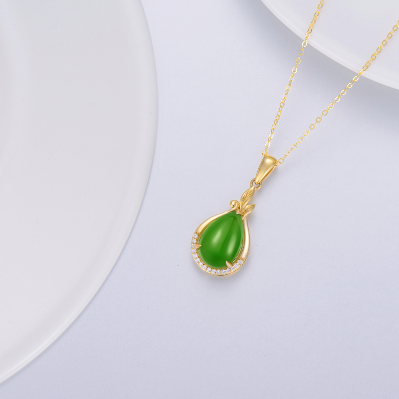 10K Gold Green Jade Drop Shape Pendant Necklace-3