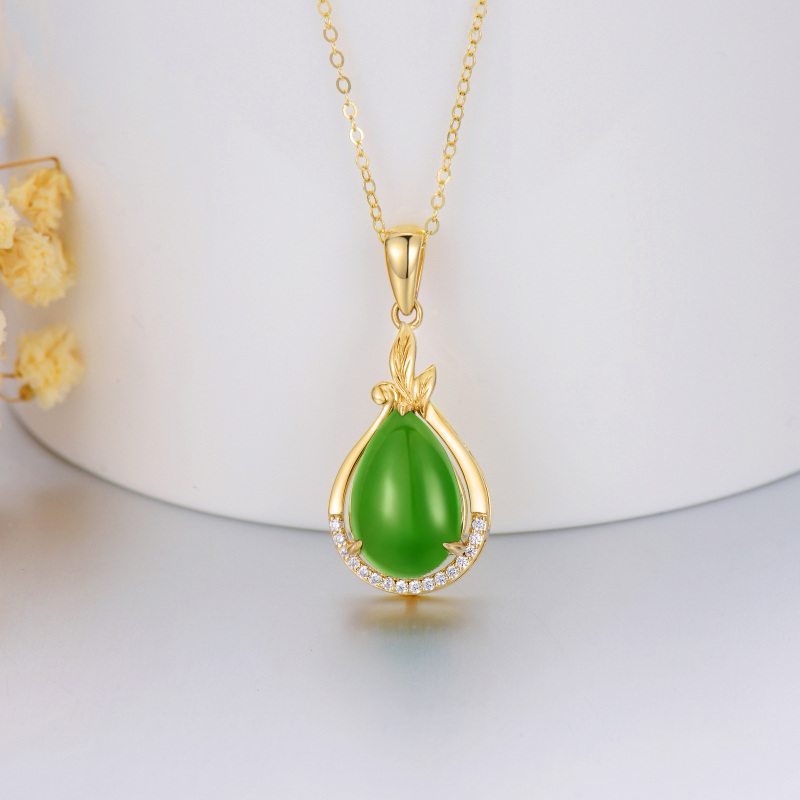 10K Gold Green Jade Drop Shape Pendant Necklace-4
