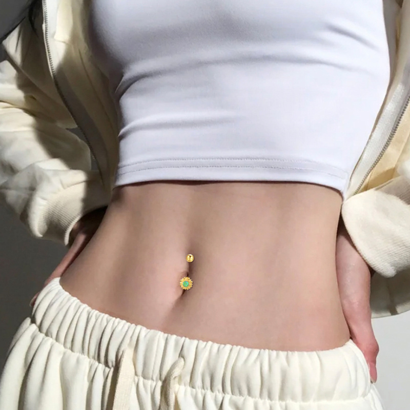 10K Gold Green Opal Belly Sun Opal Belly Button Rings For Women-2