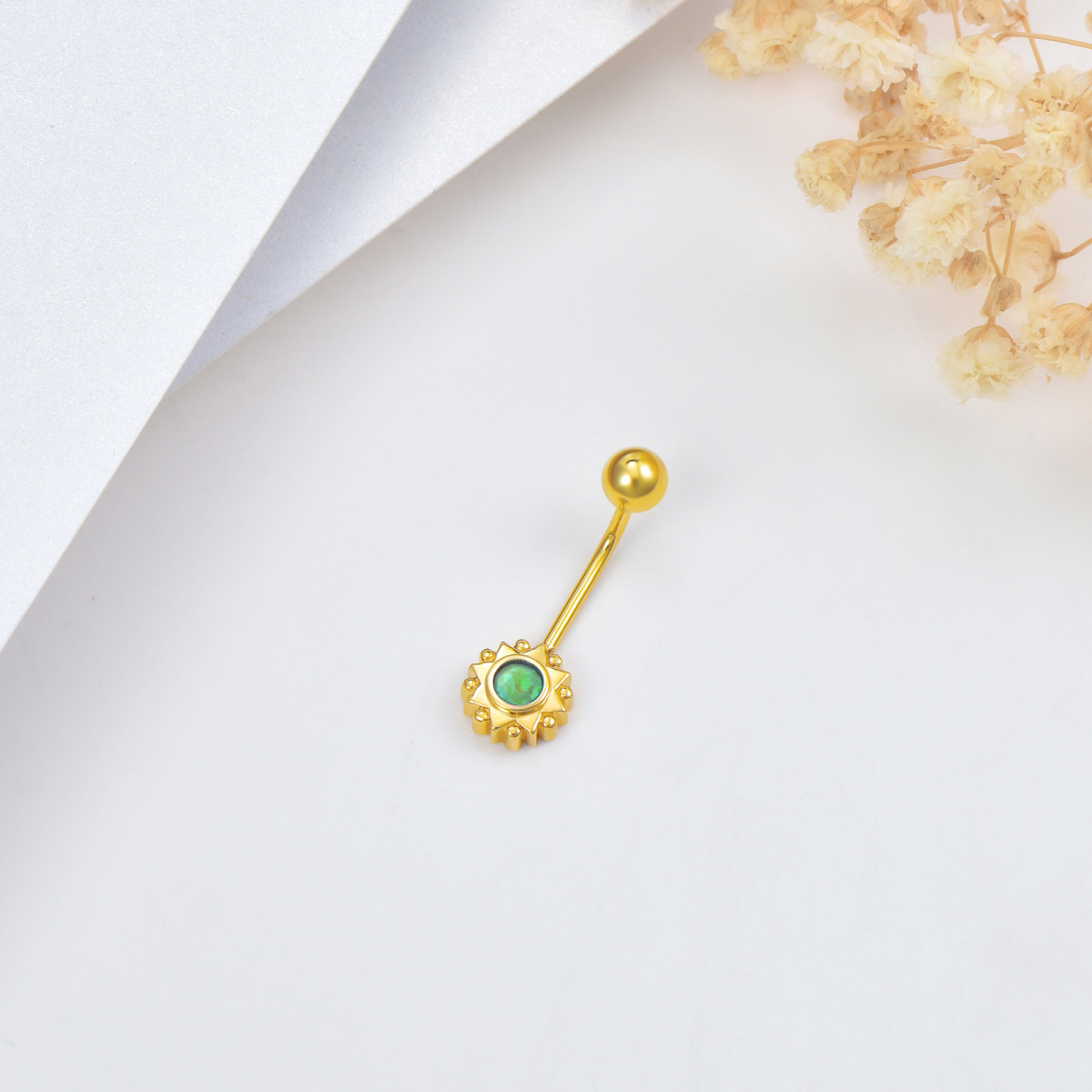 14K Gold Green Opal Belly Sun Opal Belly Button Rings For Women-3