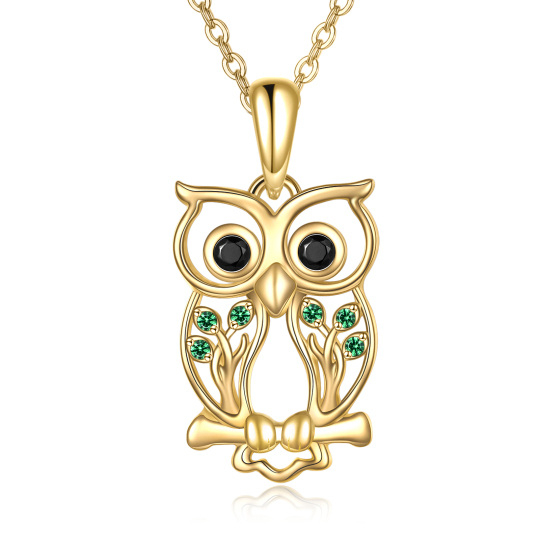 Collana con ciondolo a forma di gufo e albero della vita in oro verde 14K con zirconia cubica