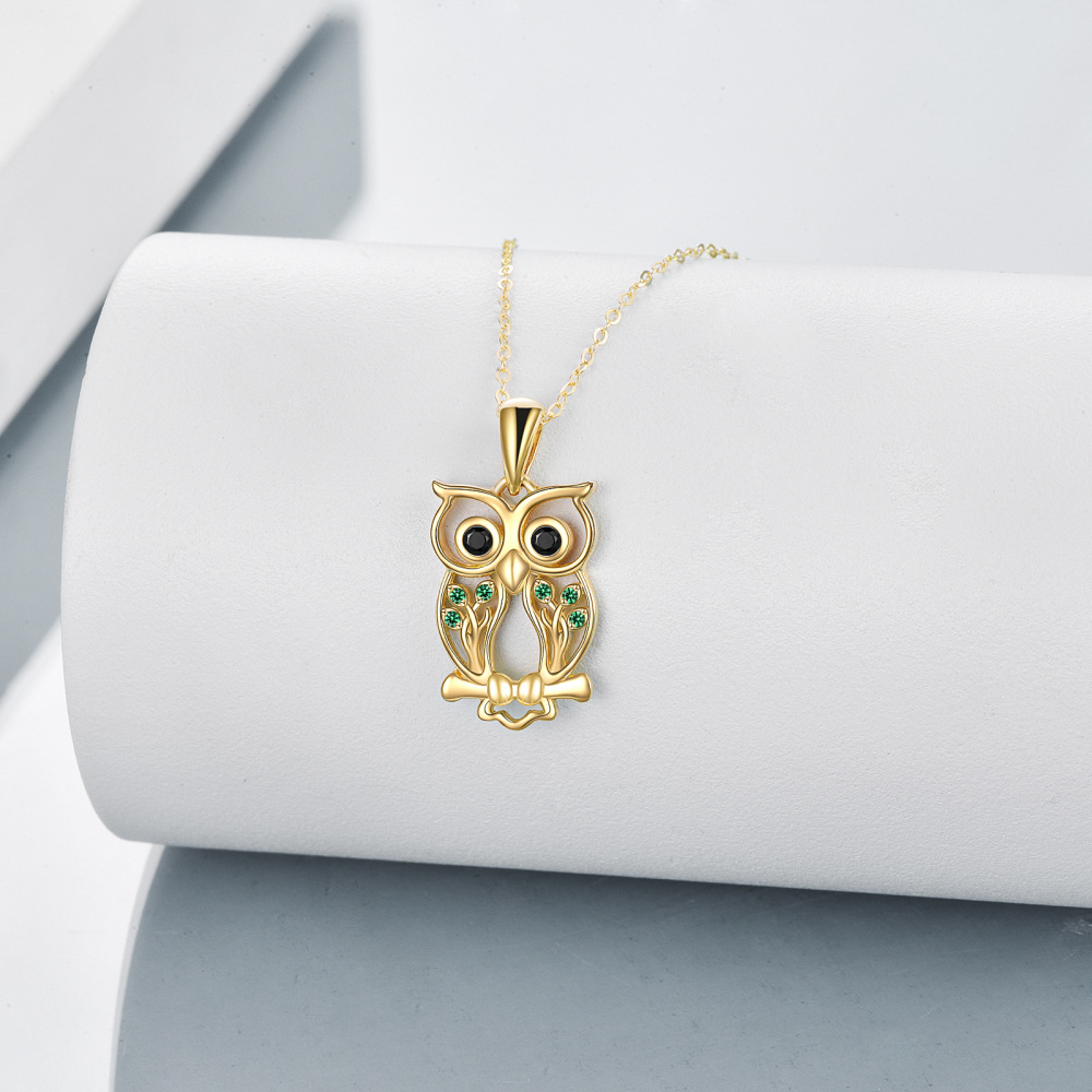 Collar Colgante Búho y Árbol de la Vida en Oro Cúbico Verde de 10K-3