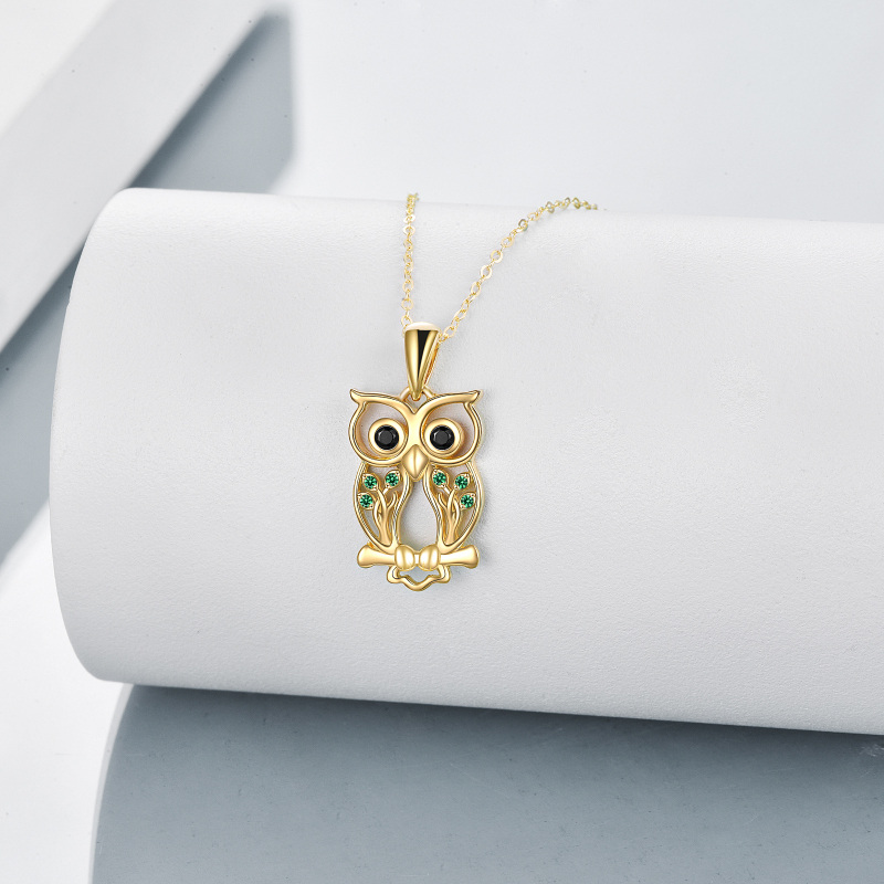 قلادة من الذهب عيار 10 قيراط مرصعة بالزركونيا المكعبة الخضراء على شكل بومة وشجرة الحياة-3