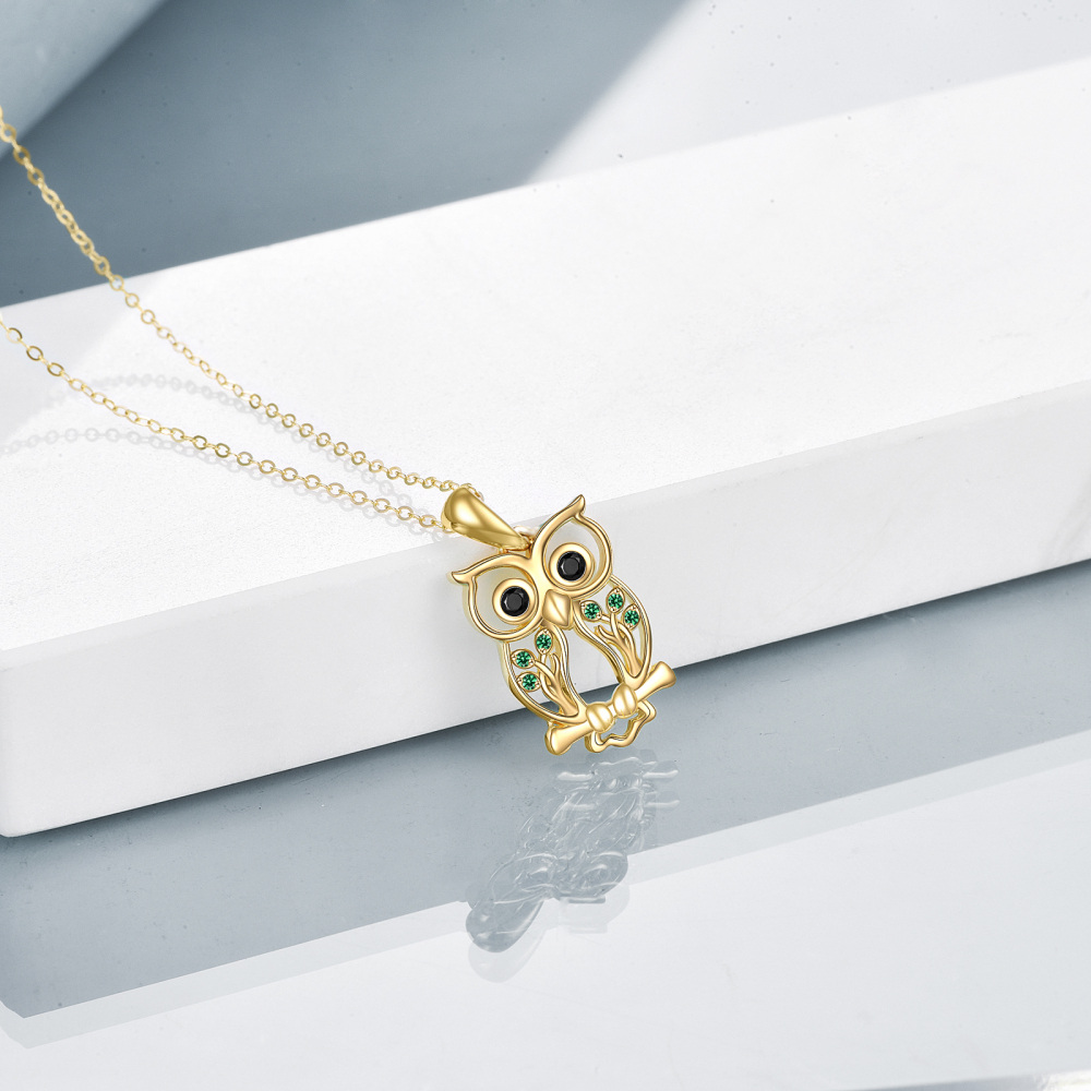 Collar Colgante Búho y Árbol de la Vida en Oro Cúbico Verde de 10K-4