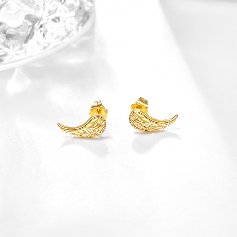 Pendientes de botón con forma de alas de ángel de oro de 10 quilates-3