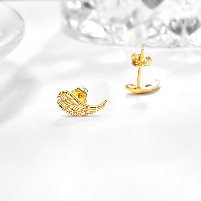 Pendientes de botón con forma de alas de ángel de oro de 10 quilates-4