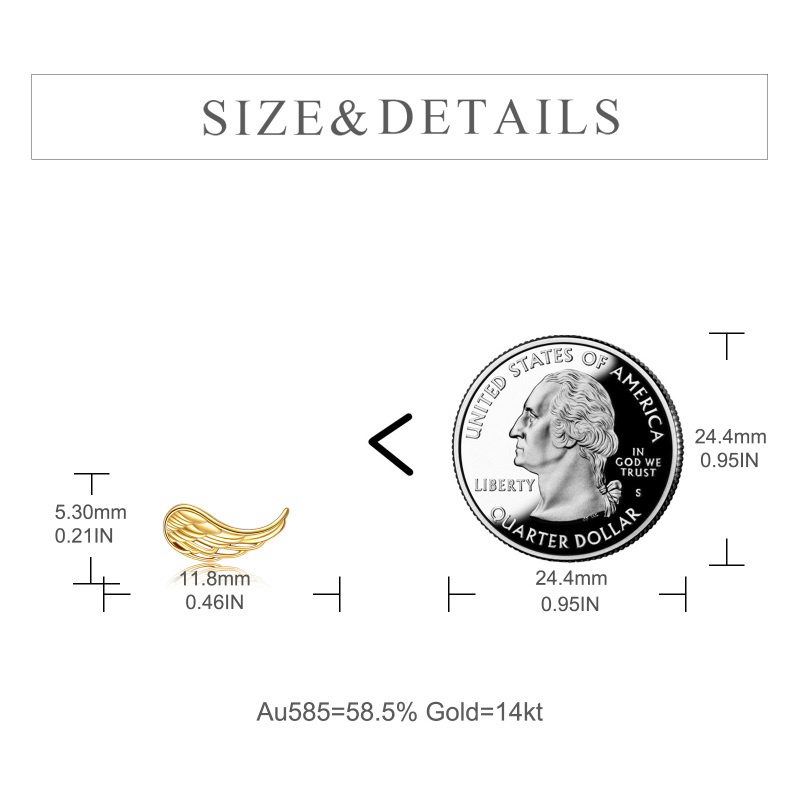 Pendientes de botón con forma de alas de ángel de oro de 10 quilates-5
