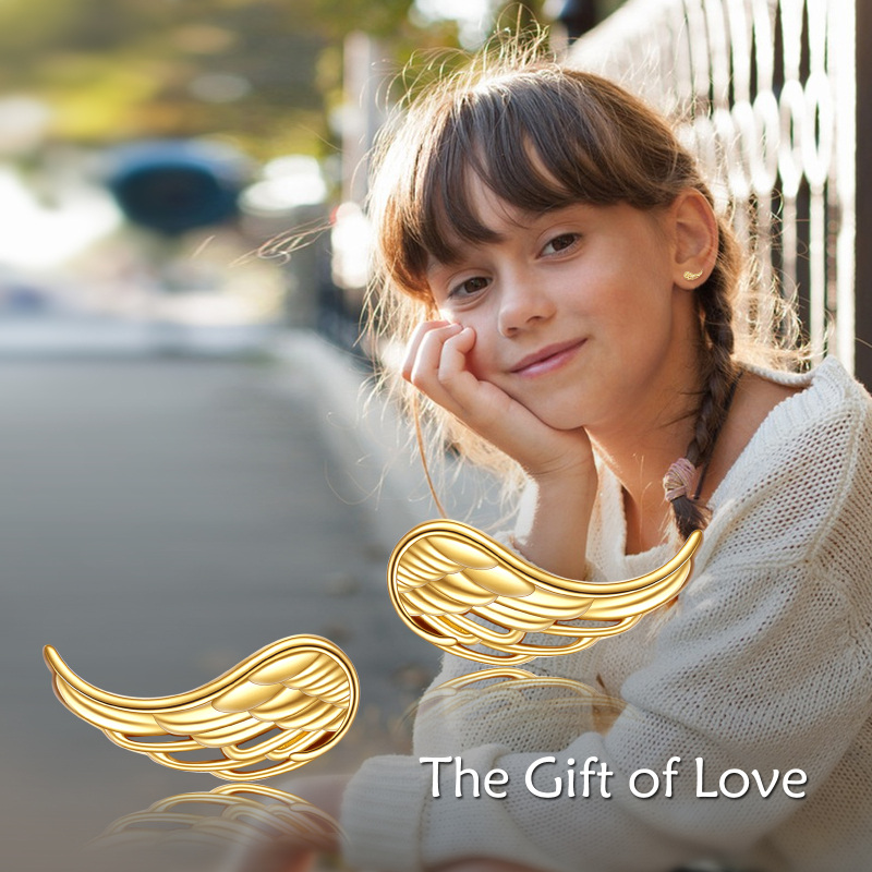 Pendientes de botón con forma de alas de ángel de oro de 10 quilates-6