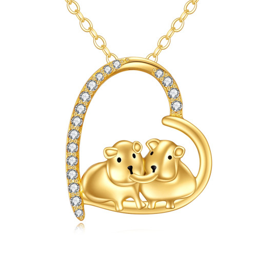 Collier en or 14K avec pendentif cochon d'Inde et coeur en zircon cubique