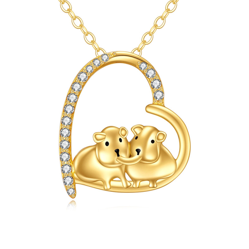 10K Gold Cubic Zirconia Guinea Pig & Heart Pendant Necklace-1