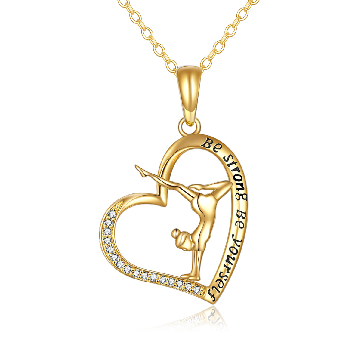 Collana con ciondolo a forma di ginnasta e cuore in oro 14K con parola incisa-1