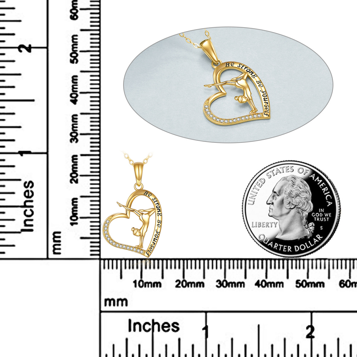 Collana con ciondolo a forma di ginnasta e cuore in oro 14K con parola incisa-6