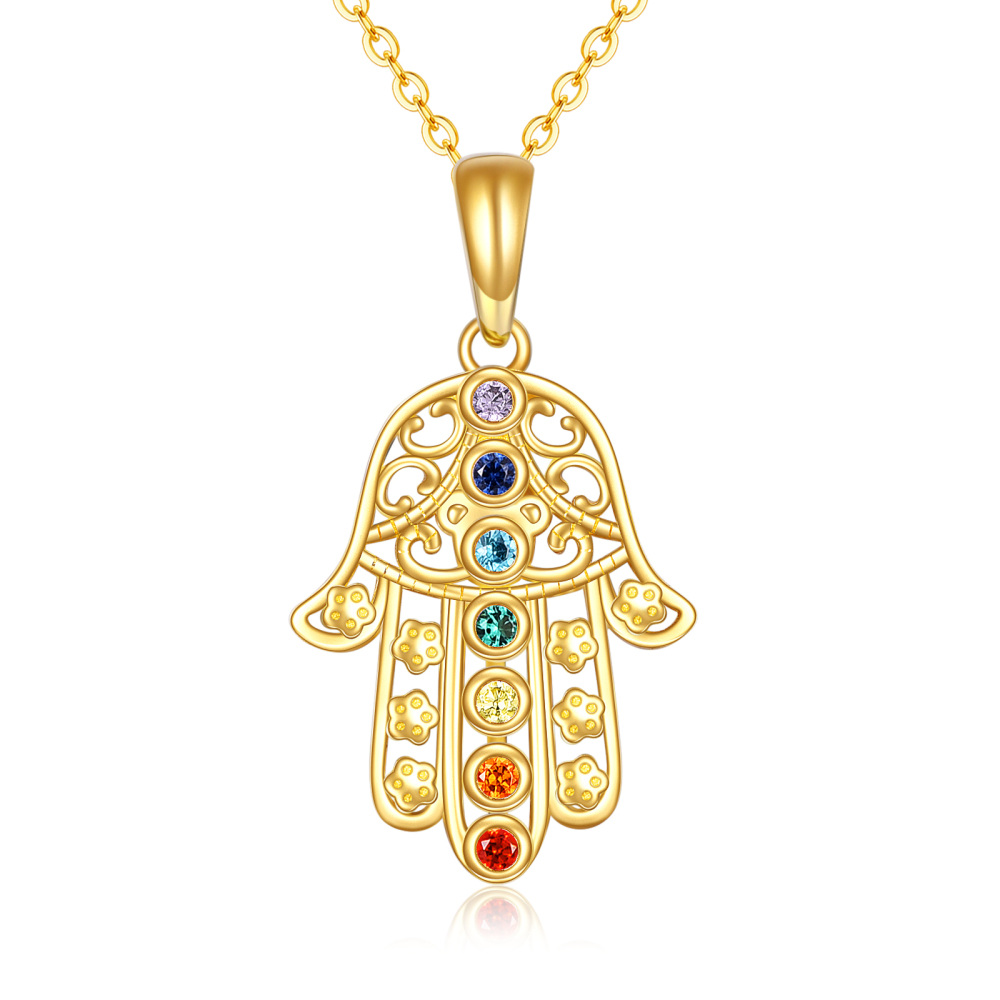10K Gold Cubic Zirconia Hand Of Fatima Pendant Necklace-1