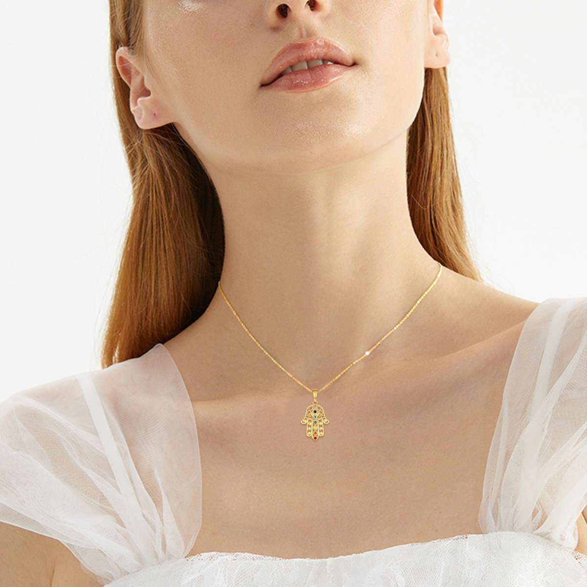 Collier pendentif Main de Fatima en or 14K à zircon cubique-2