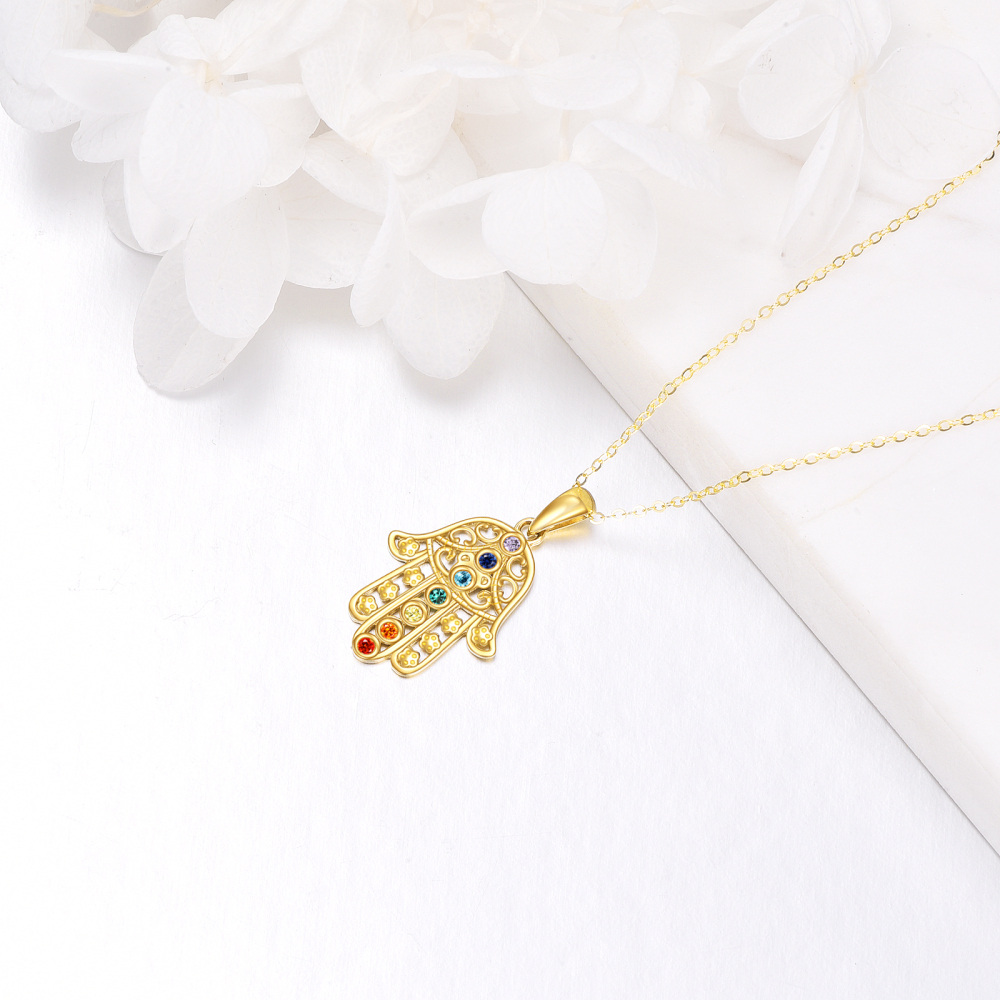 10K Gold Cubic Zirconia Hand Of Fatima Pendant Necklace-3