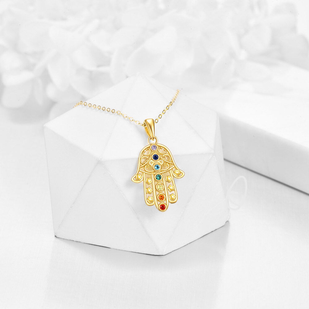 10K Gold Cubic Zirconia Hand Of Fatima Pendant Necklace-4