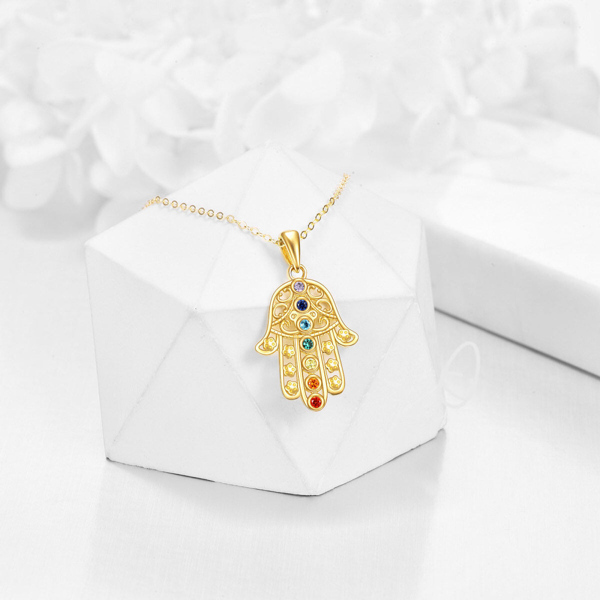 14K Gold Cubic Zirconia Hand Of Fatima Pendant Necklace-4